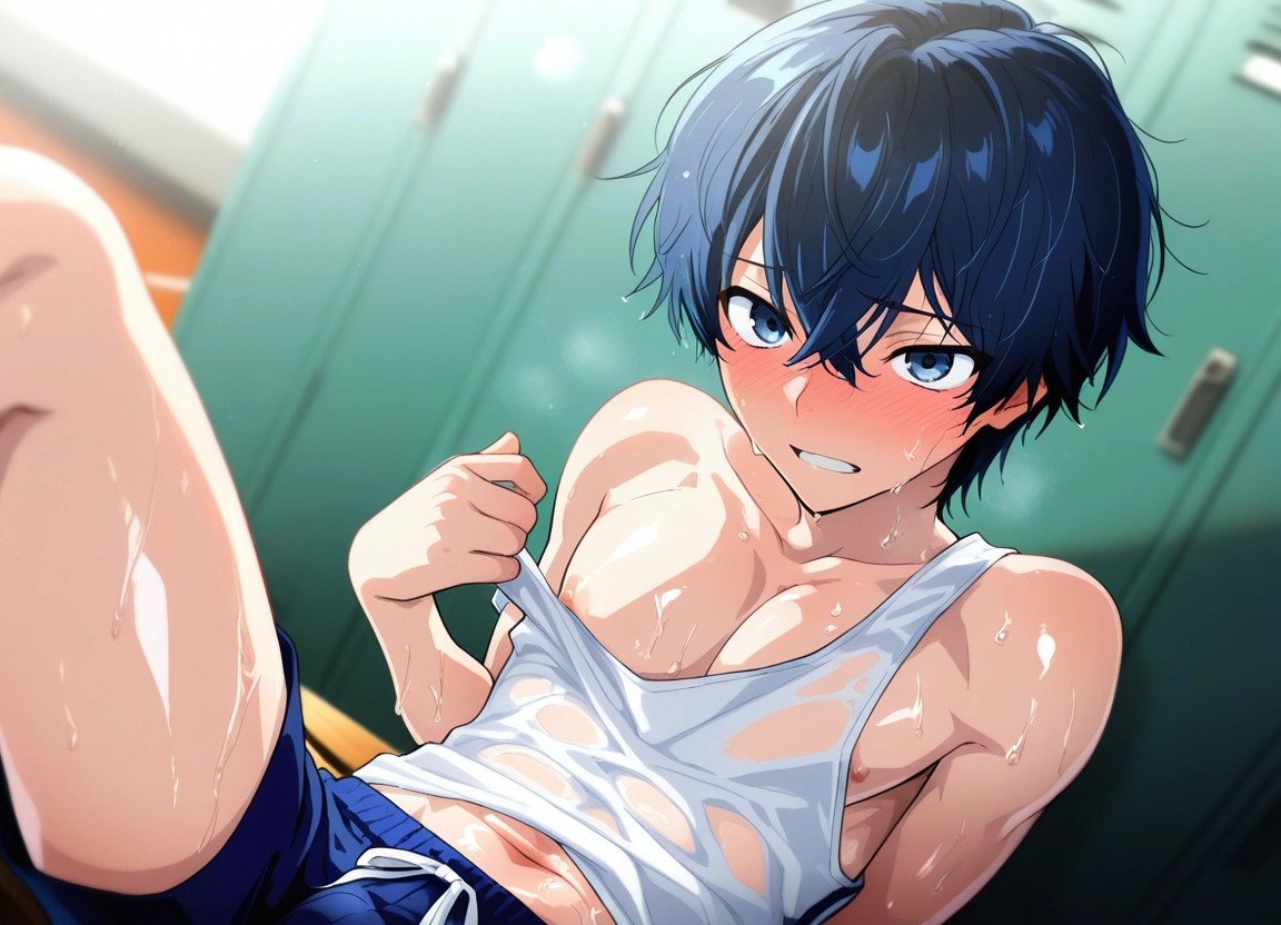 male focus, 1boy, blush, blue eyes, sweat, tank top · Yamete.gg
