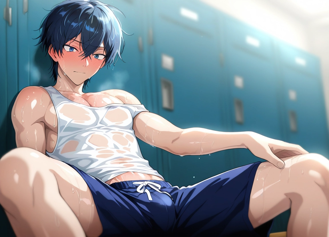 1boy, male focus, blush, shorts, solo, blue eyes · Yamete.gg