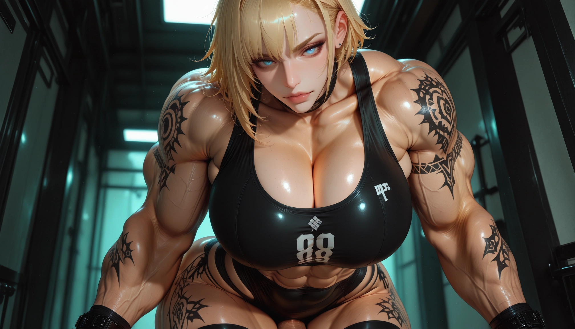 1girl, muscular female, muscular, breasts, blue eyes, veins · Yamete.gg