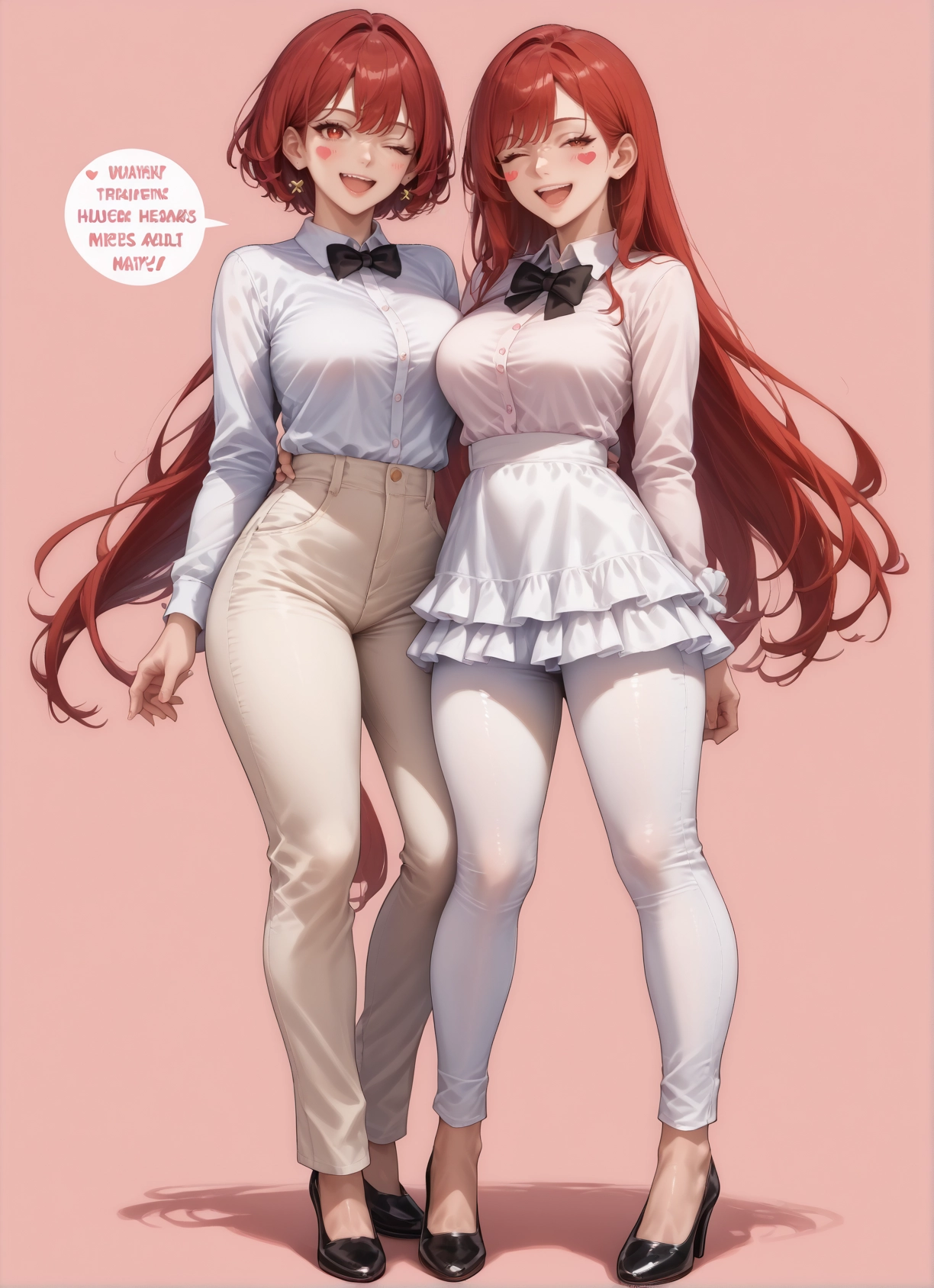 multiple girls, 2girls, breasts, pants, one eye closed, open mouth · Yamete.gg