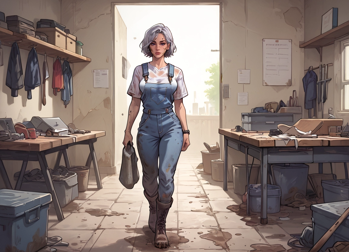 1girl, overalls, dirty, dirty clothes, watch, shirt · Yamete.gg