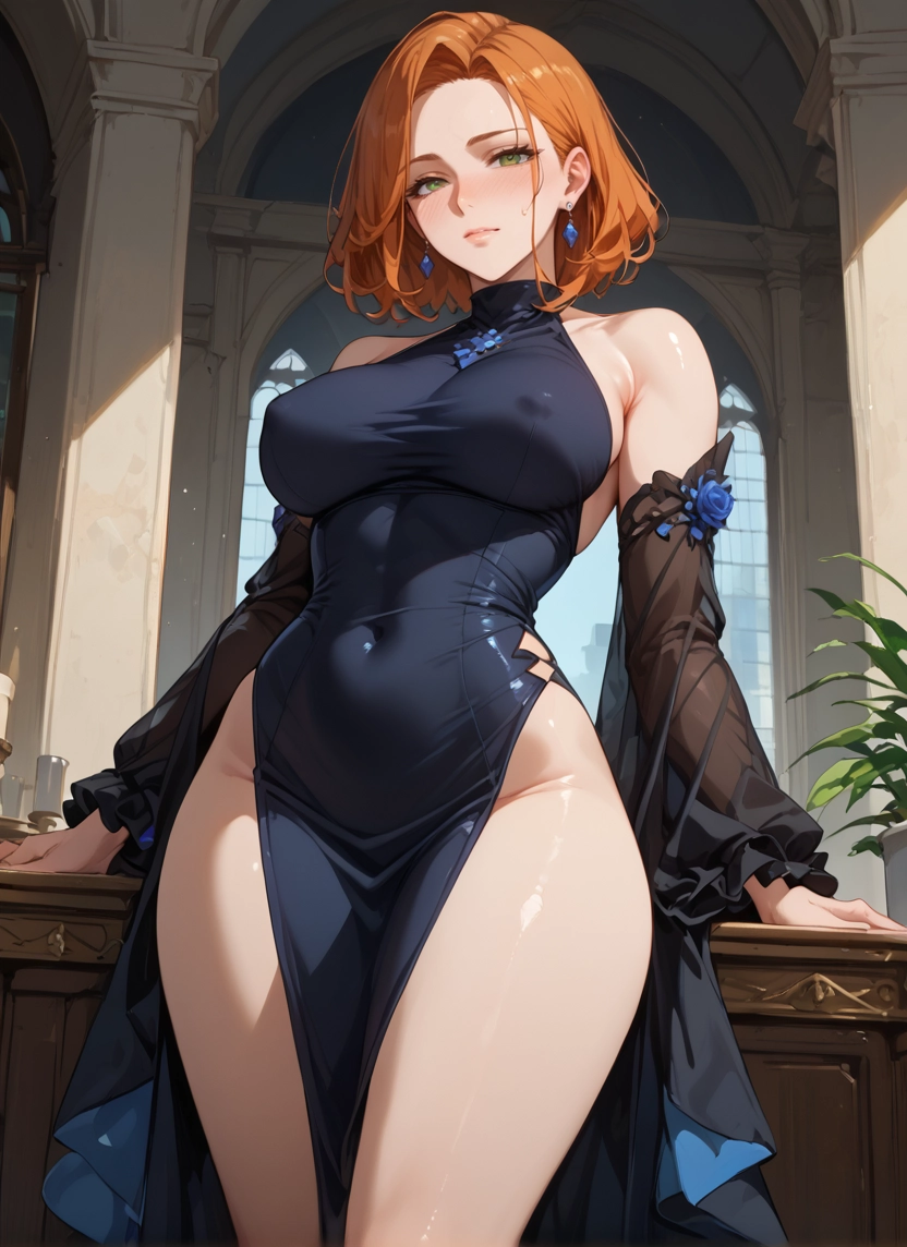 1girl, breasts, dress, jewelry, earrings, green eyes · Yamete.gg