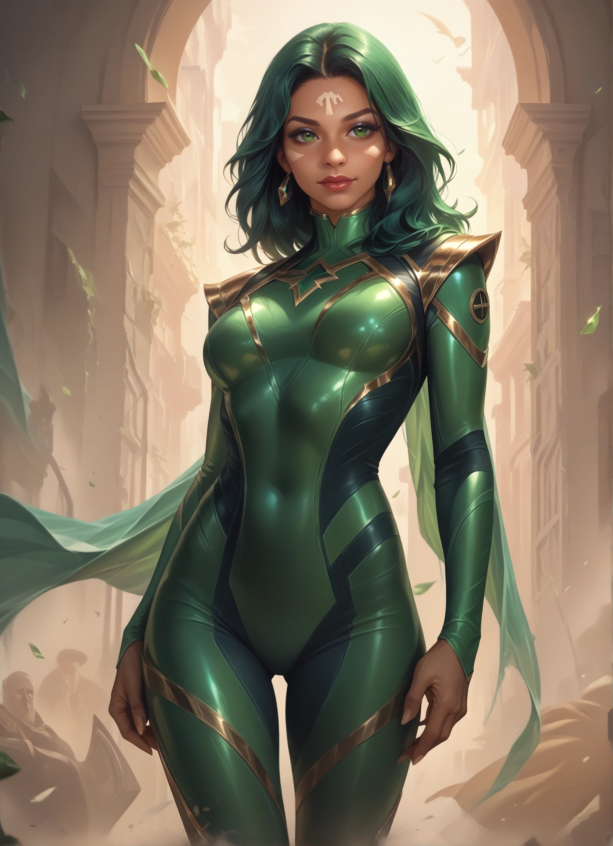 green eyes, bodysuit, 1girl, jewelry, earrings, breasts · Yamete.gg
