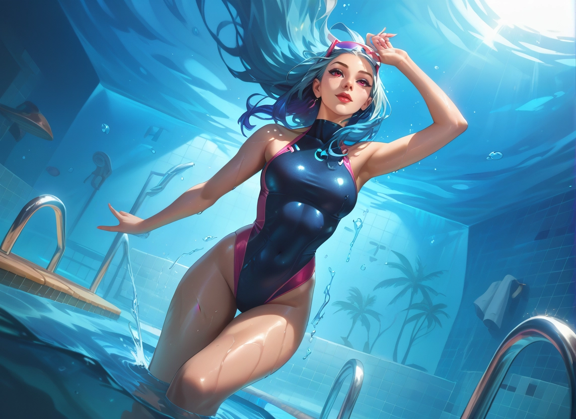 1girl, swimsuit, one-piece swimsuit, solo, pool, long hair · Yamete.gg