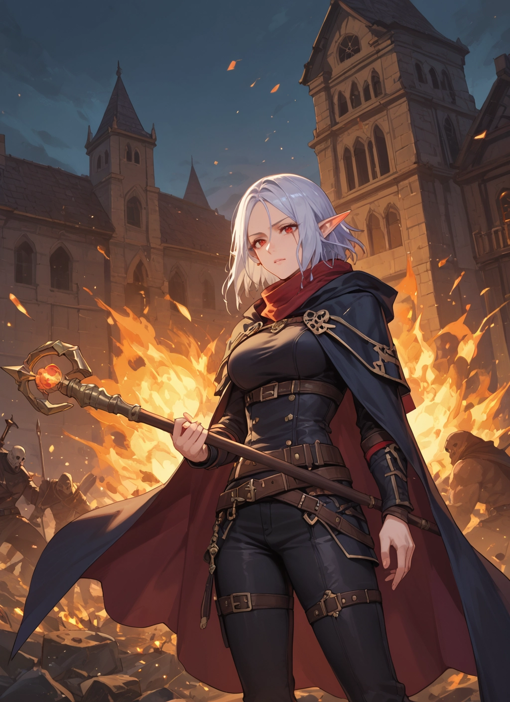 1girl, pointy ears, red eyes, fire, staff, holding · Yamete.gg