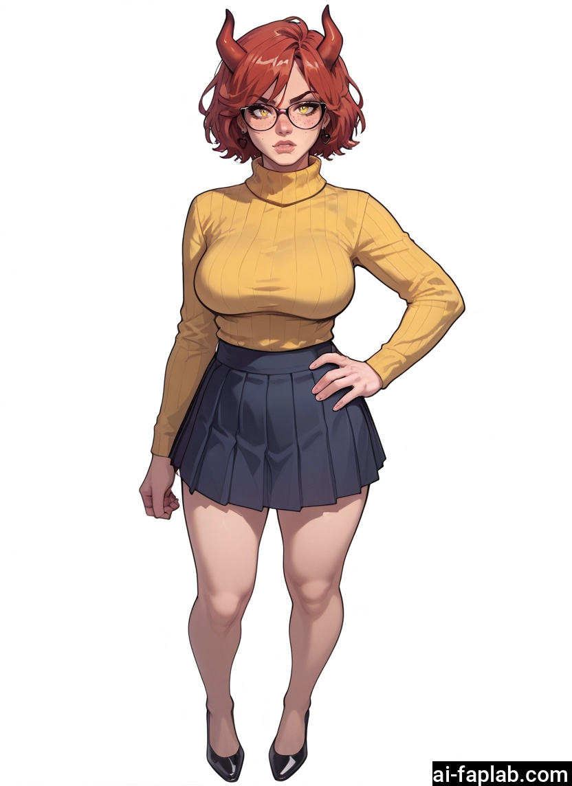 1girl, skirt, horns, glasses, breasts, solo · Yamete.gg