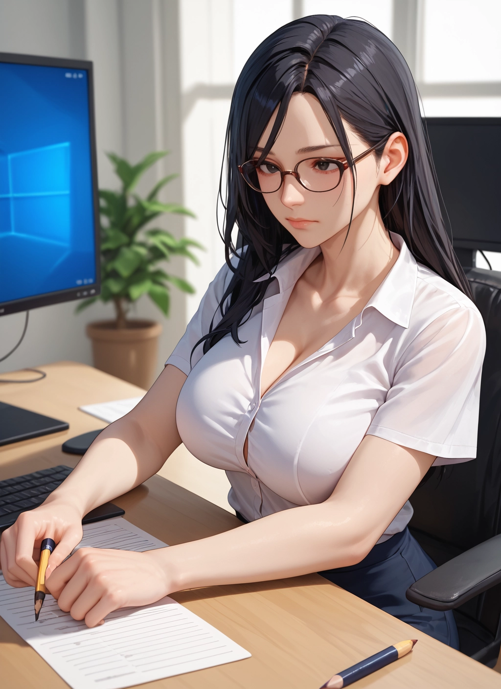 1girl, breasts, glasses, large breasts, cleavage, shirt · Yamete.gg