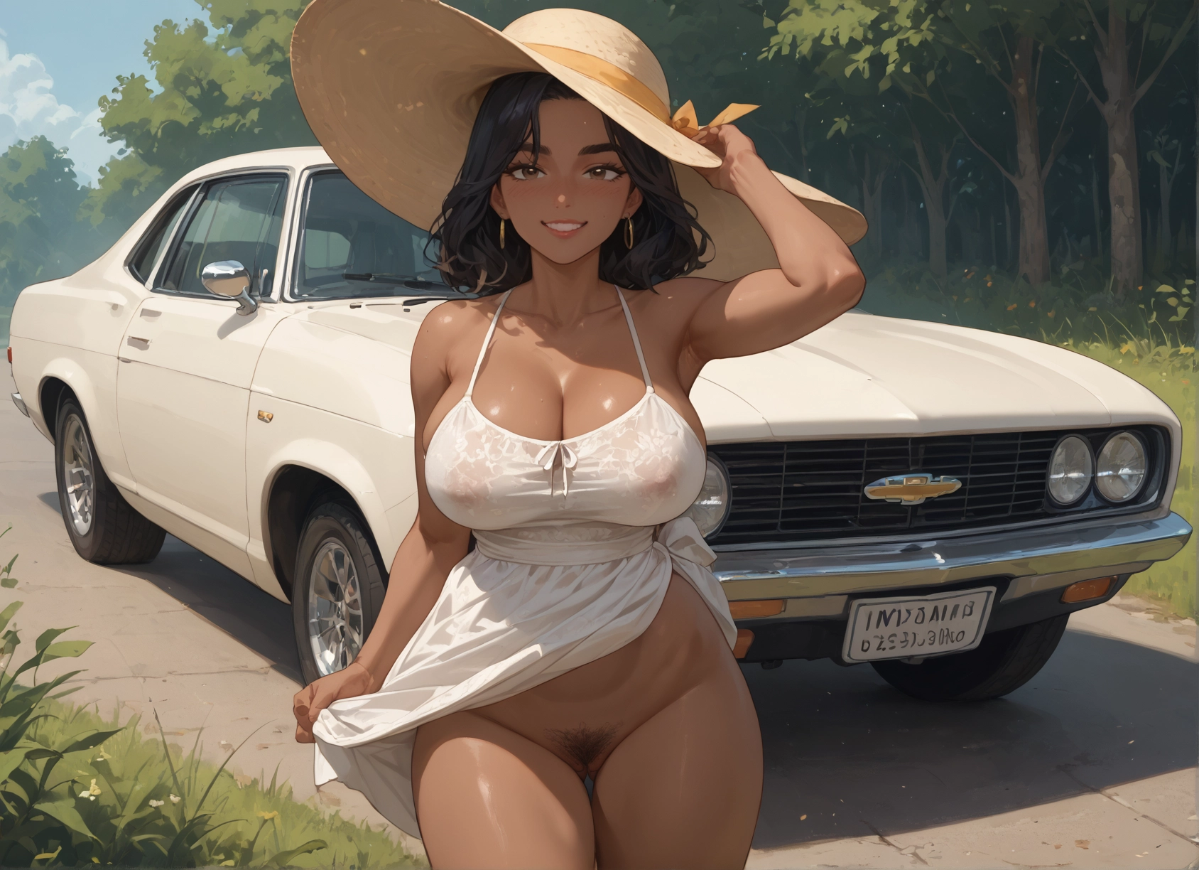 breasts, 1girl, pubic hair, hat, female pubic hair, motor vehicle · Yamete.gg