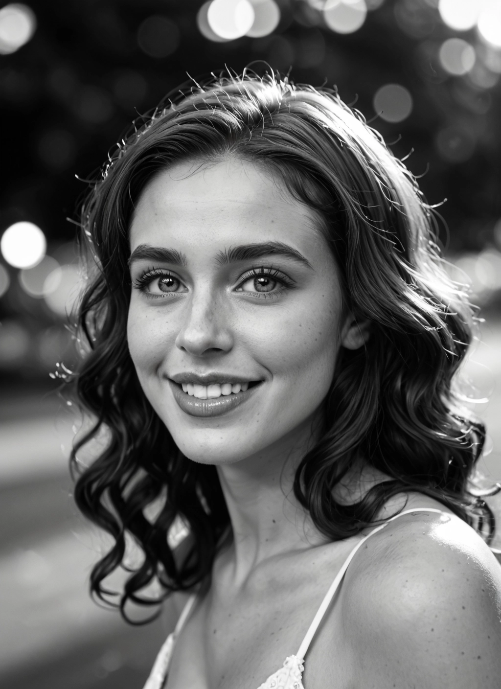 1girl, solo, greyscale, monochrome, smile, freckles · Yamete.gg
