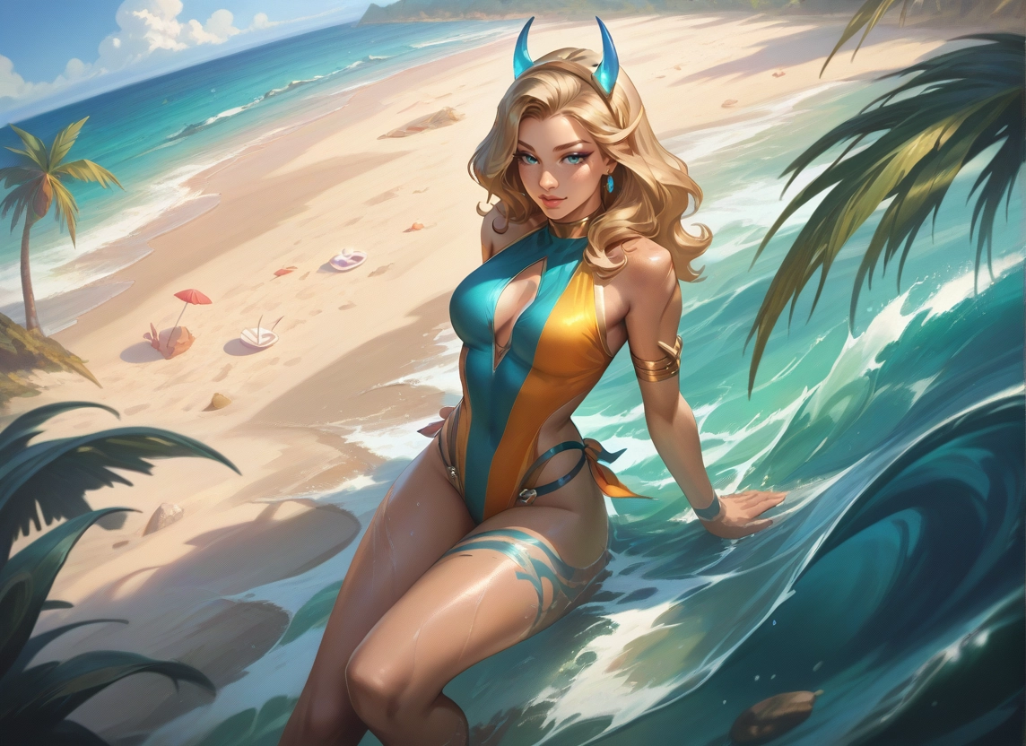 1girl, swimsuit, breasts, beach, blonde hair, one-piece swimsuit · Yamete.gg