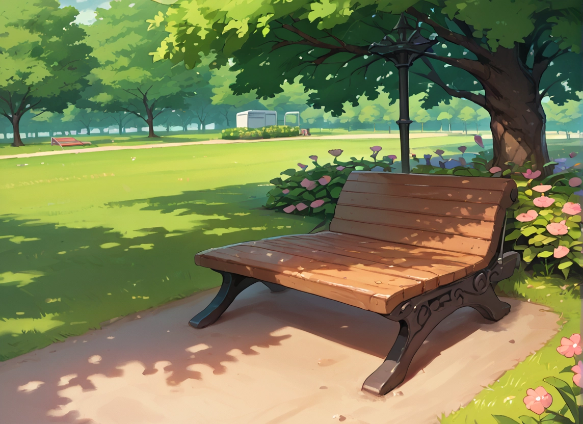 no humans, tree, scenery, bench, flower, outdoors