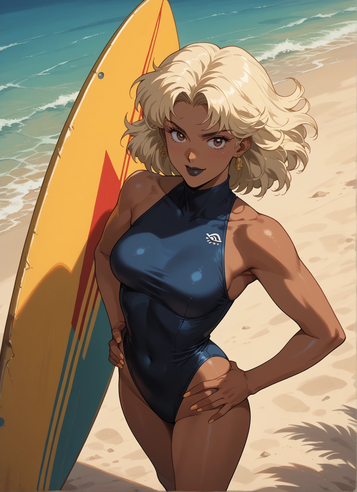 1girl, swimsuit, surfboard, solo, jewelry, beach · Yamete.gg