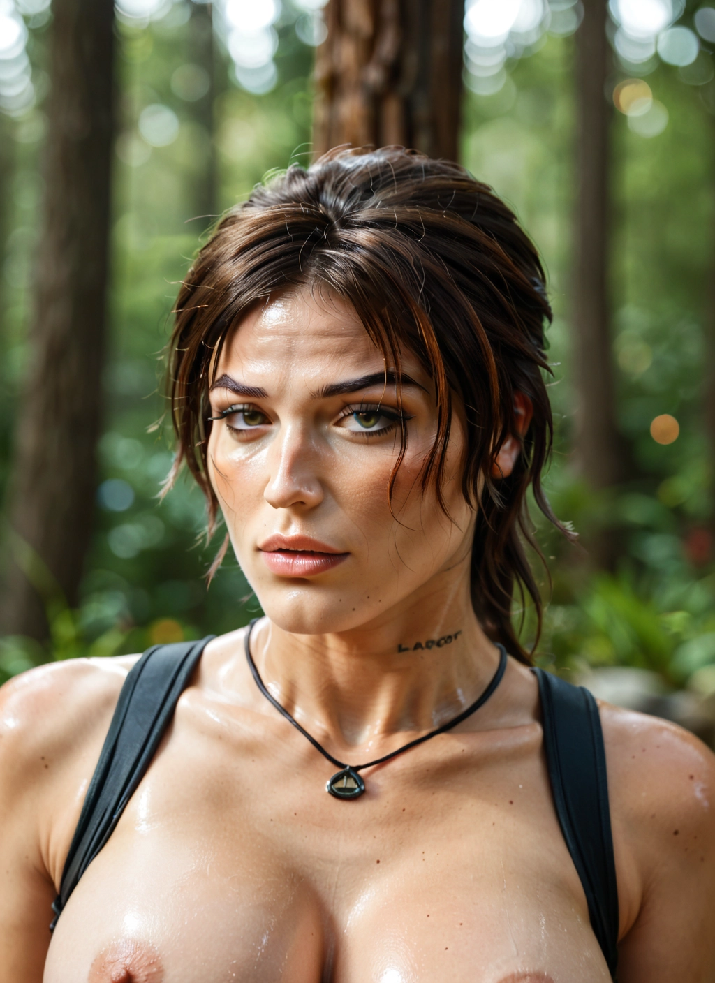 1girl, breasts, solo, nipples, jewelry, brown hair · Yamete.gg