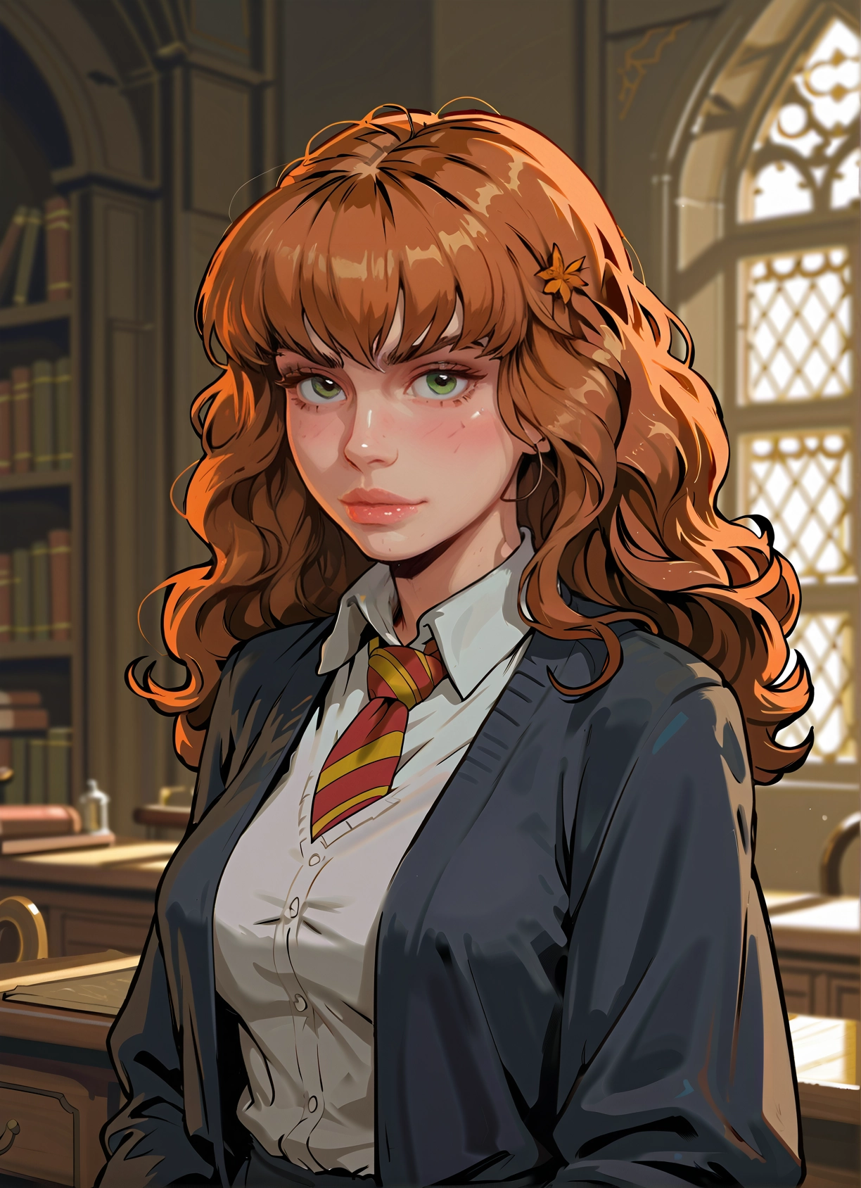 1girl, solo, green eyes, hogwarts school uniform, necktie, hair ornament · Yamete.gg