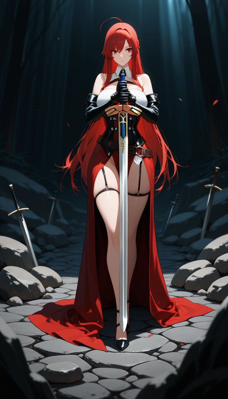 1girl, long hair, weapon, breasts, sword, red hair · Yamete.gg