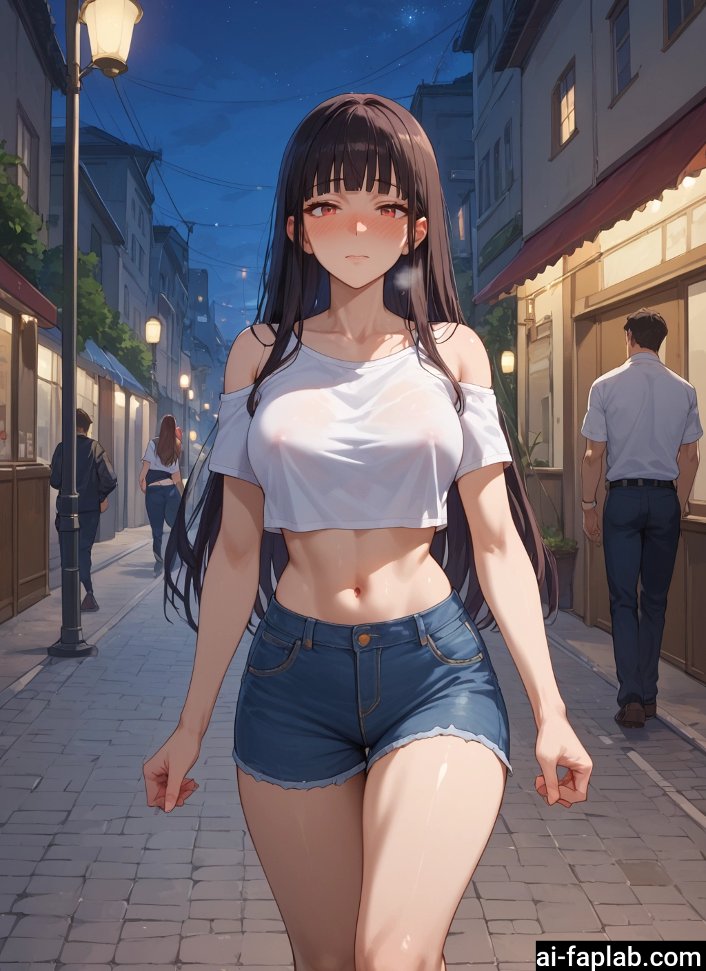 breasts, long hair, shorts, navel, blush, shirt · Yamete.gg