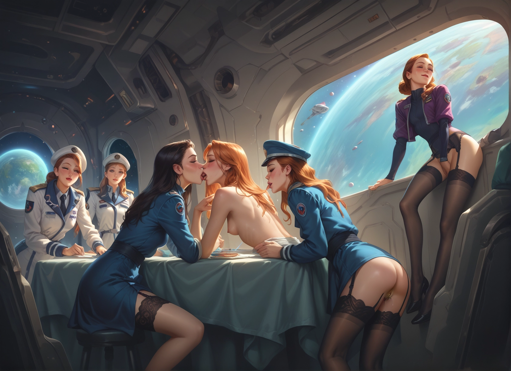 multiple girls, thighhighs, breasts, yuri, kiss, uniform · Yamete.gg