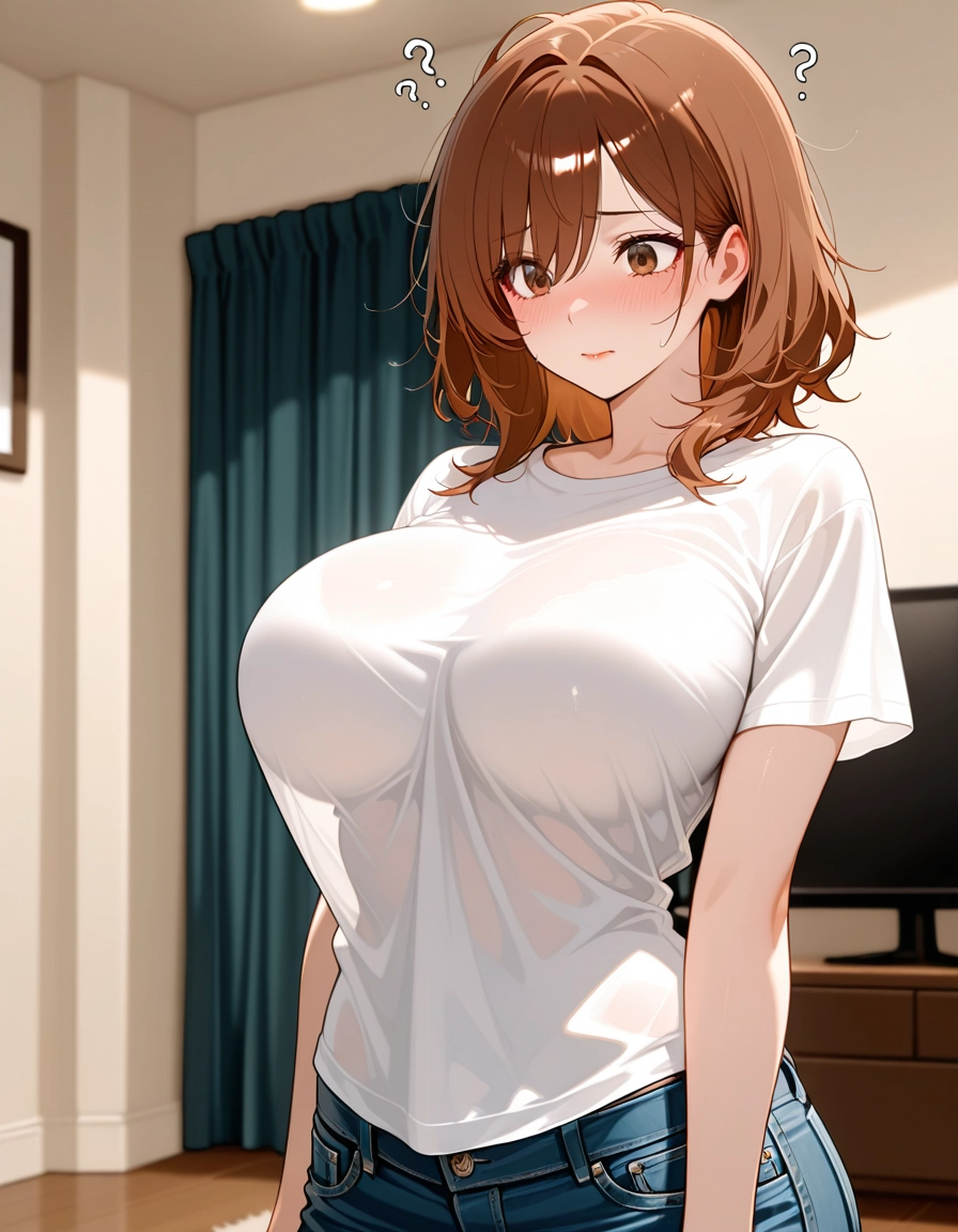 1girl, breasts, shirt, solo, brown hair, pants · Yamete.gg