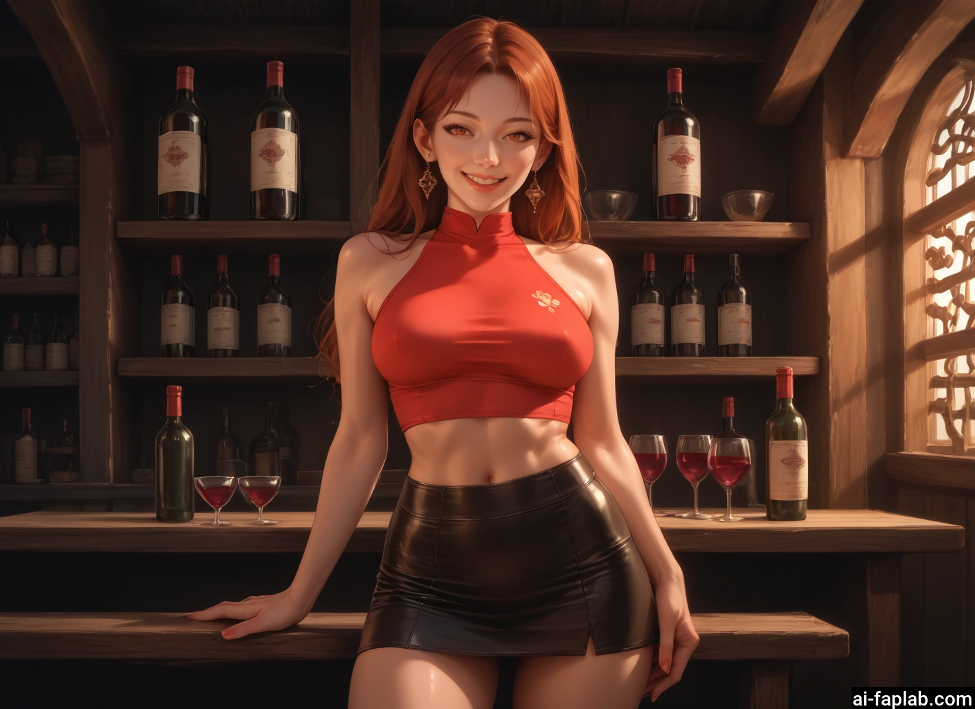 1girl, skirt, jewelry, earrings, breasts, cup · Yamete.gg