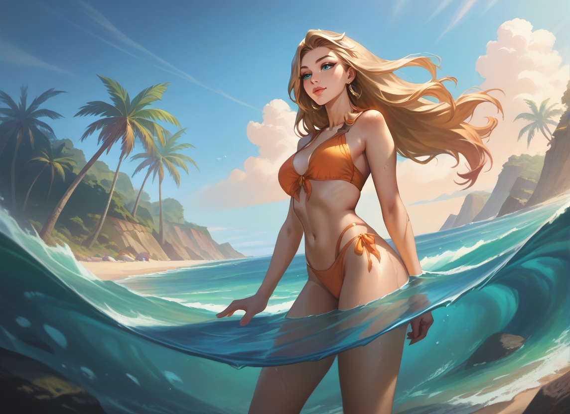 1girl, swimsuit, bikini, jewelry, tree, long hair · Yamete.gg