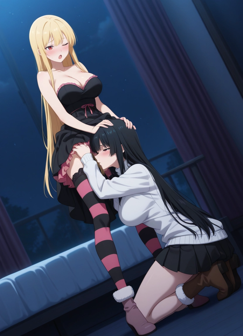 oral, multiple girls, 2girls, thighhighs, breasts, long hair