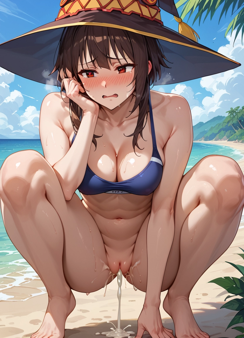 1girl, breasts, squatting, solo, red eyes, hat · Yamete.gg