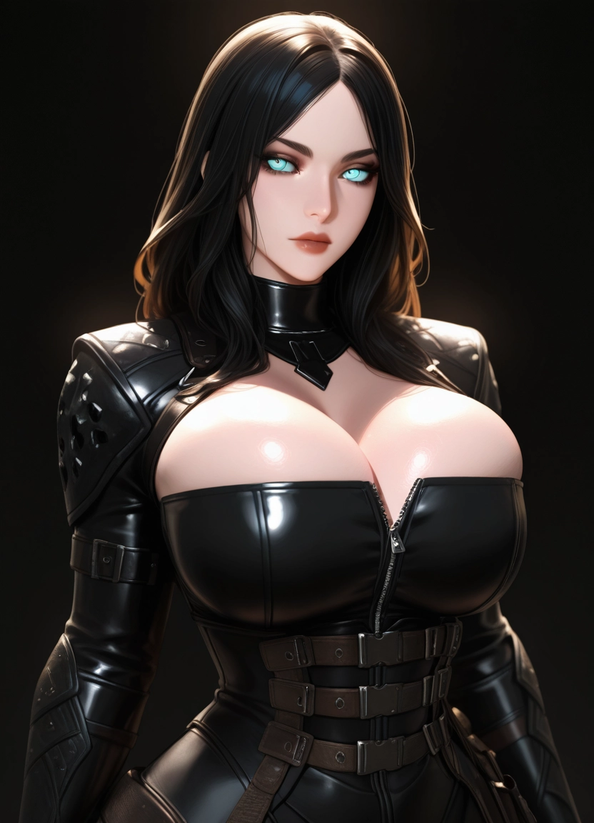1girl, breasts, solo, black hair, cleavage, blue eyes · Yamete.gg