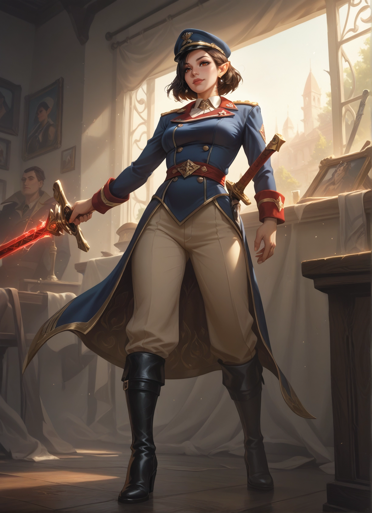 weapon, 1girl, sword, boots, hat, uniform · Yamete.gg