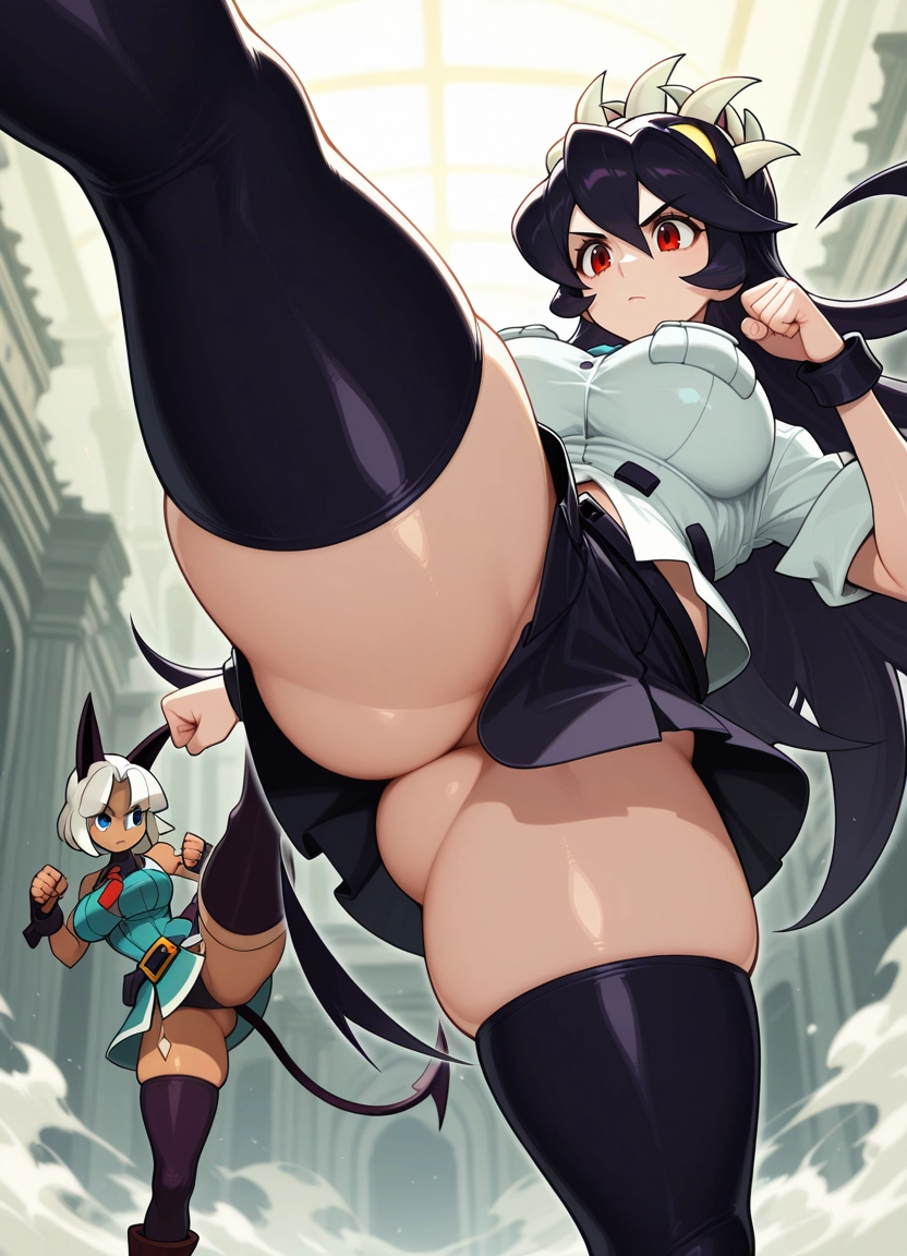 filia (skullgirls), breasts, multiple girls, 2girls, red eyes, thighhighs · Yamete.gg