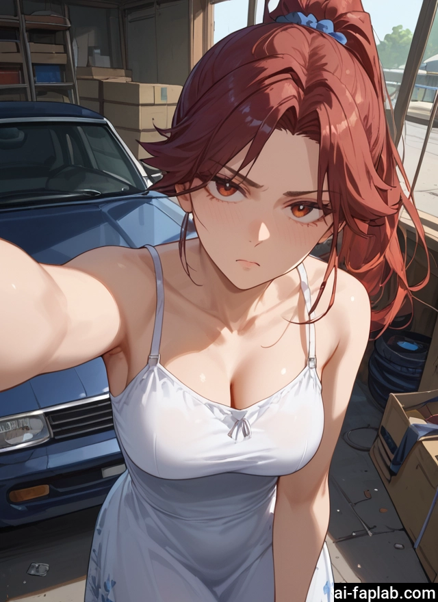 breasts, 1girl, dress, cleavage, motor vehicle, ground vehicle