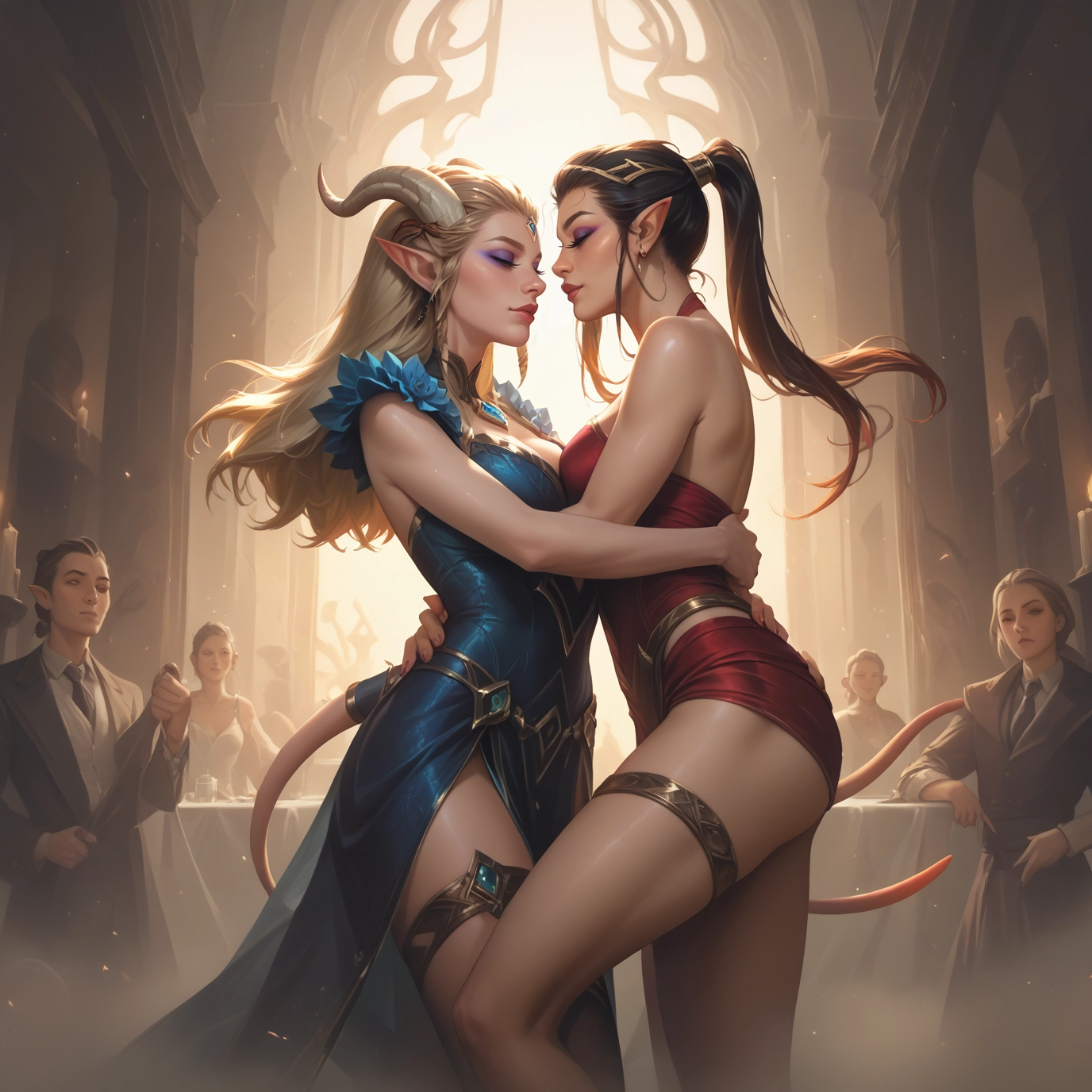 multiple girls, horns, tail, pointy ears, 2girls, blonde hair · Yamete.gg