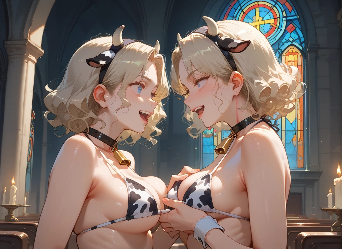 breasts, multiple girls, 2girls, cow print, animal print, swimsuit · Yamete.gg