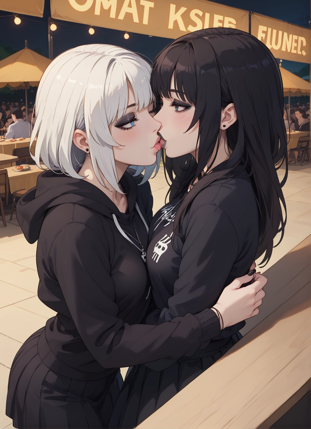 multiple girls, yuri, skirt, blue eyes, hood, black hair · Yamete.gg