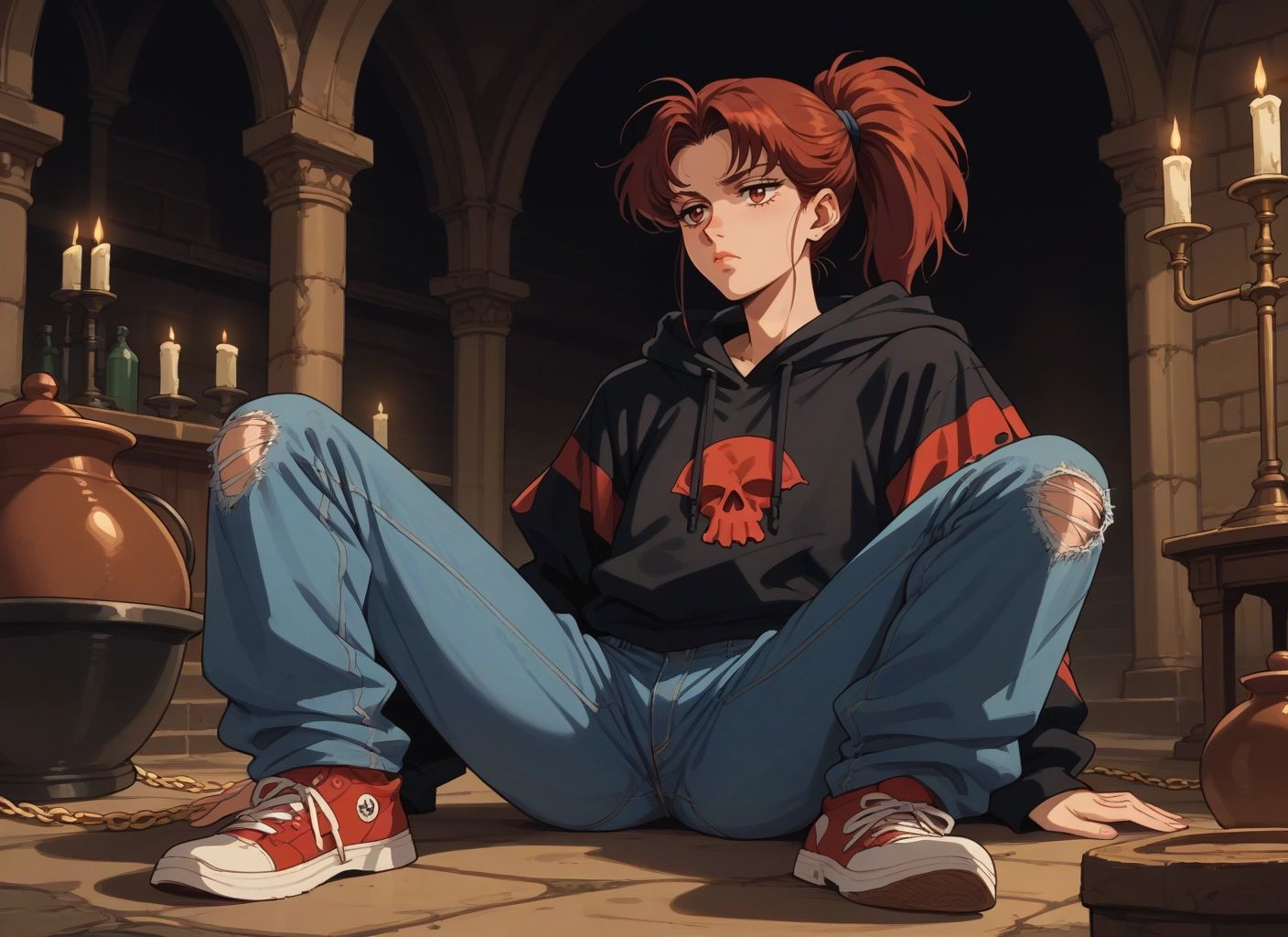 1girl, pants, solo, shoes, torn clothes, denim · Yamete.gg