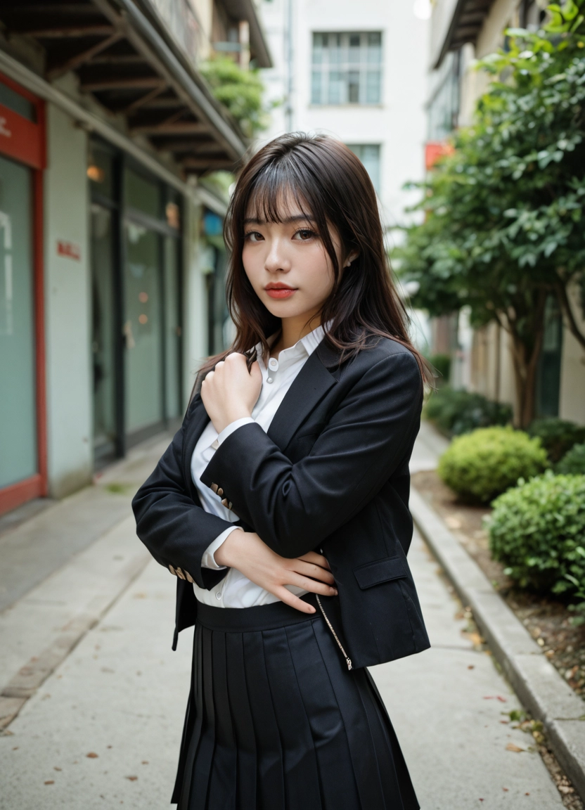 1girl, solo, outdoors, skirt, jacket, shirt