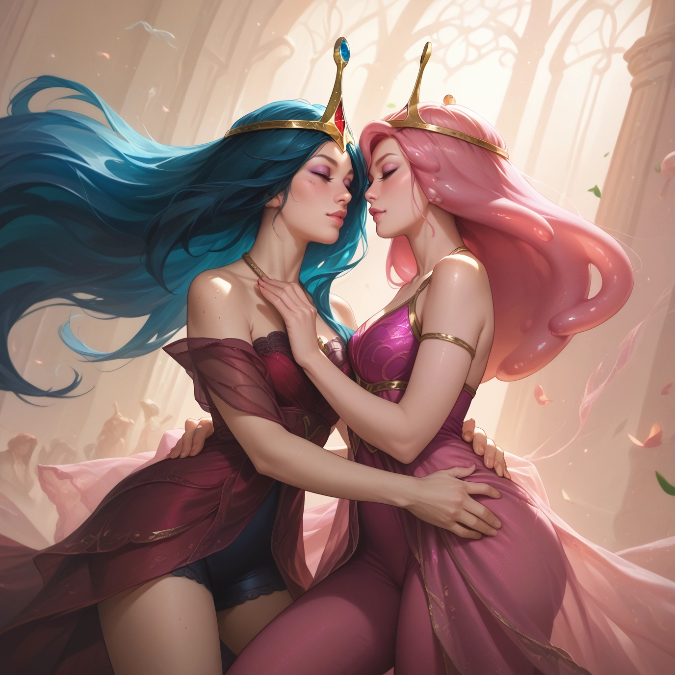 multiple girls, 2girls, pink hair, long hair, closed eyes, yuri · Yamete.gg