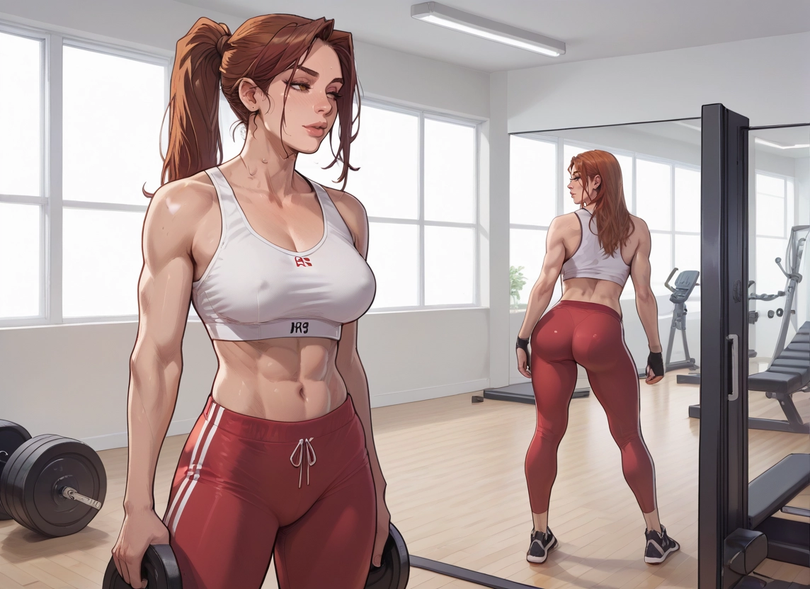 1girl, breasts, brown hair, gym, ass, dumbbell · Yamete.gg