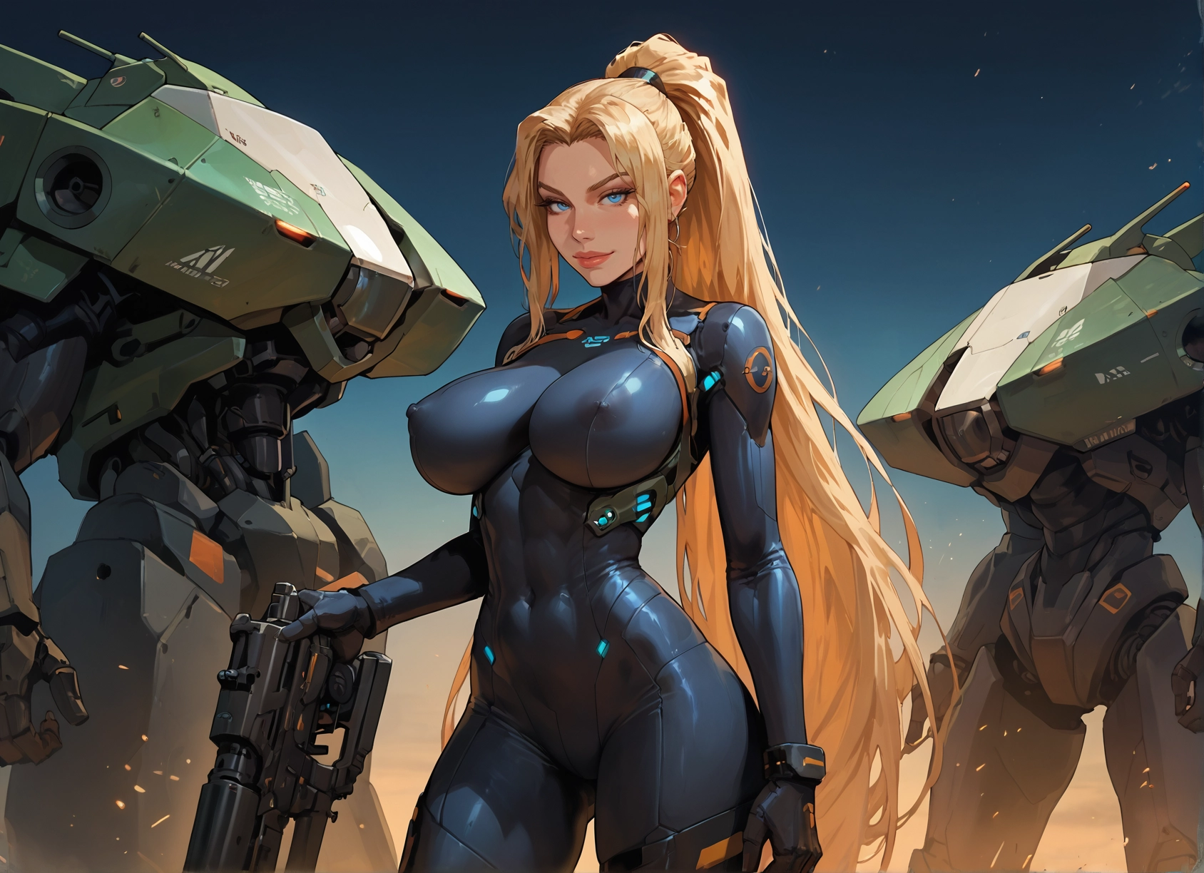 breasts, weapon, 1girl, long hair, blonde hair, gun · Yamete.gg