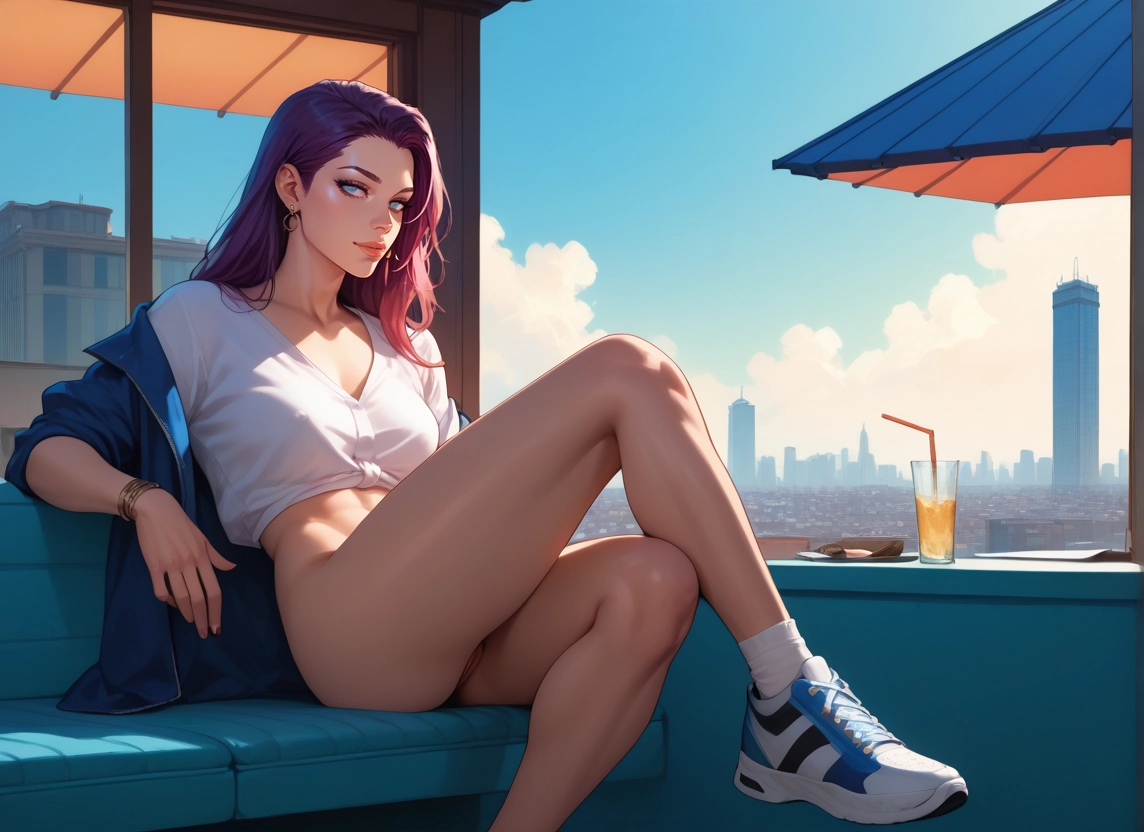 1girl, jewelry, earrings, shoes, solo, shirt · Yamete.gg