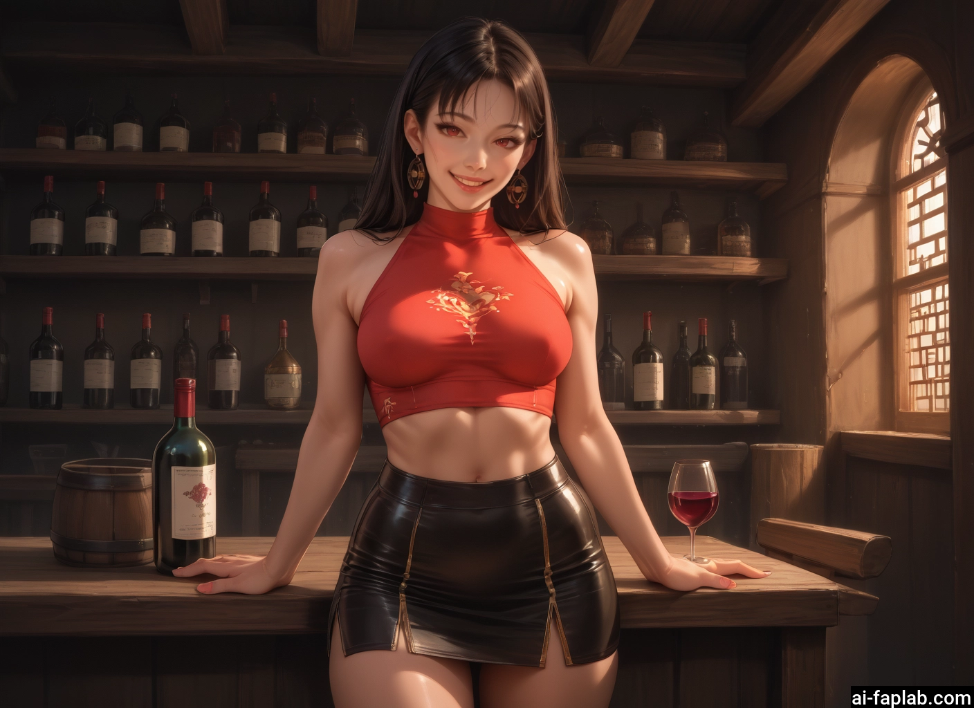 1girl, skirt, jewelry, breasts, earrings, cup · Yamete.gg