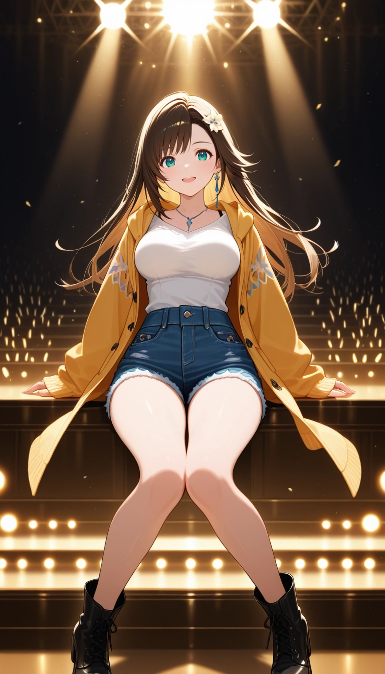 1girl, shorts, breasts, jewelry, boots, sitting · Yamete.gg