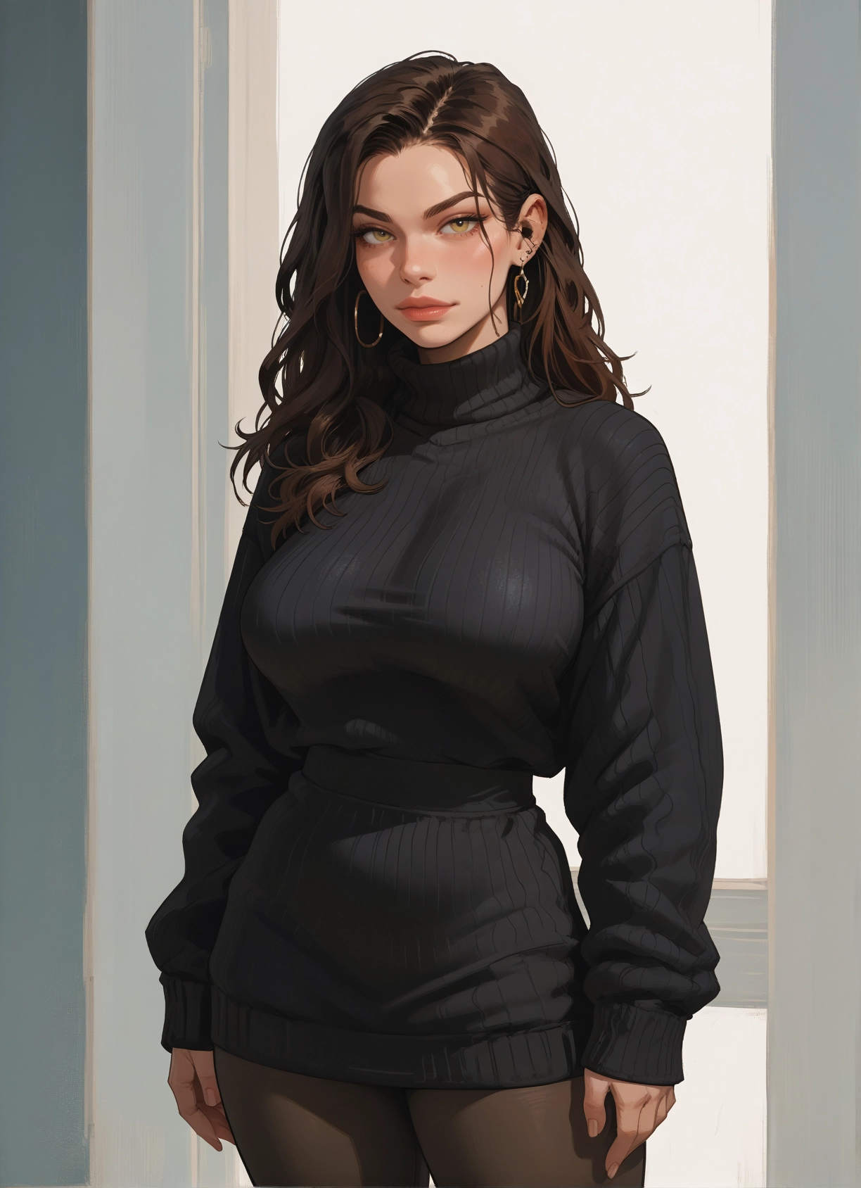 1girl, jewelry, earrings, sweater, solo, pantyhose · Yamete.gg