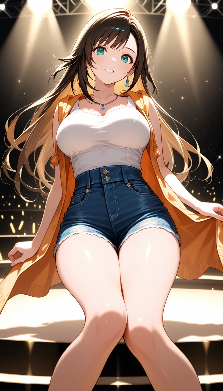 1girl, breasts, jewelry, shorts, long hair, smile · Yamete.gg