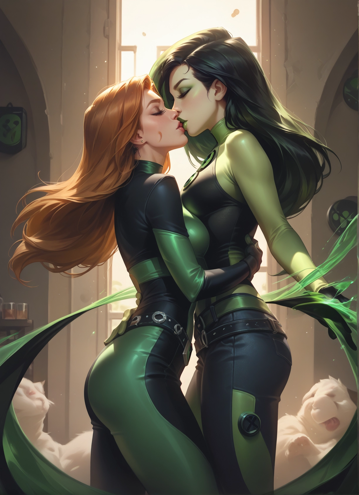 multiple girls, 2girls, yuri, closed eyes, kiss, bodysuit · Yamete.gg