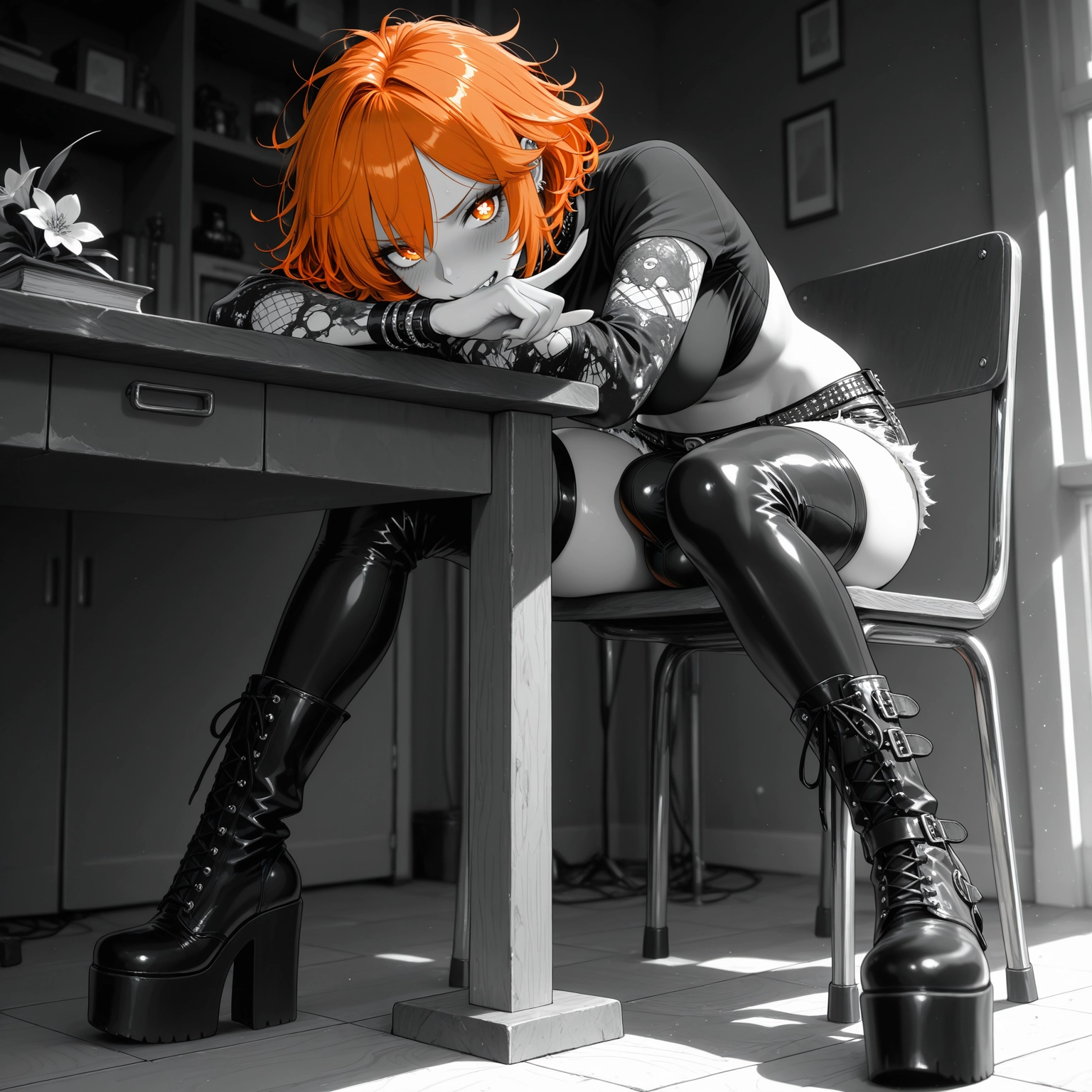 orange hair, orange eyes, thighhighs, solo, boots, chair · Yamete.gg