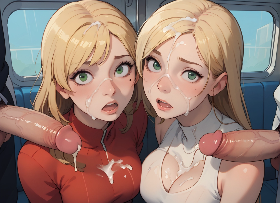 2girls, cum, multiple girls, breasts, green eyes, blonde hair · Yamete.gg