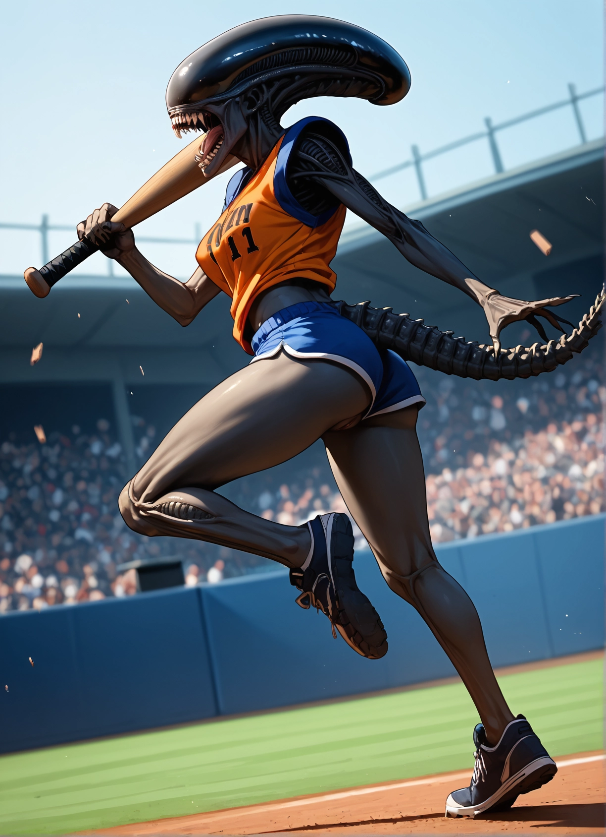 1girl, shorts, baseball bat, tail, teeth, shoes · Yamete.gg
