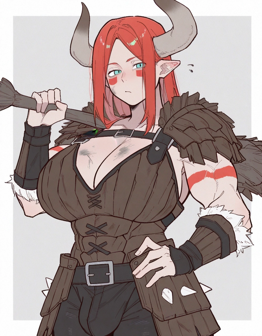 breasts, 1girl, horns, solo, red hair, pointy ears · Yamete.gg