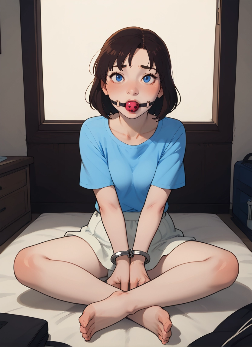 ball gag, 1girl, gag, solo, cuffs, blue eyes