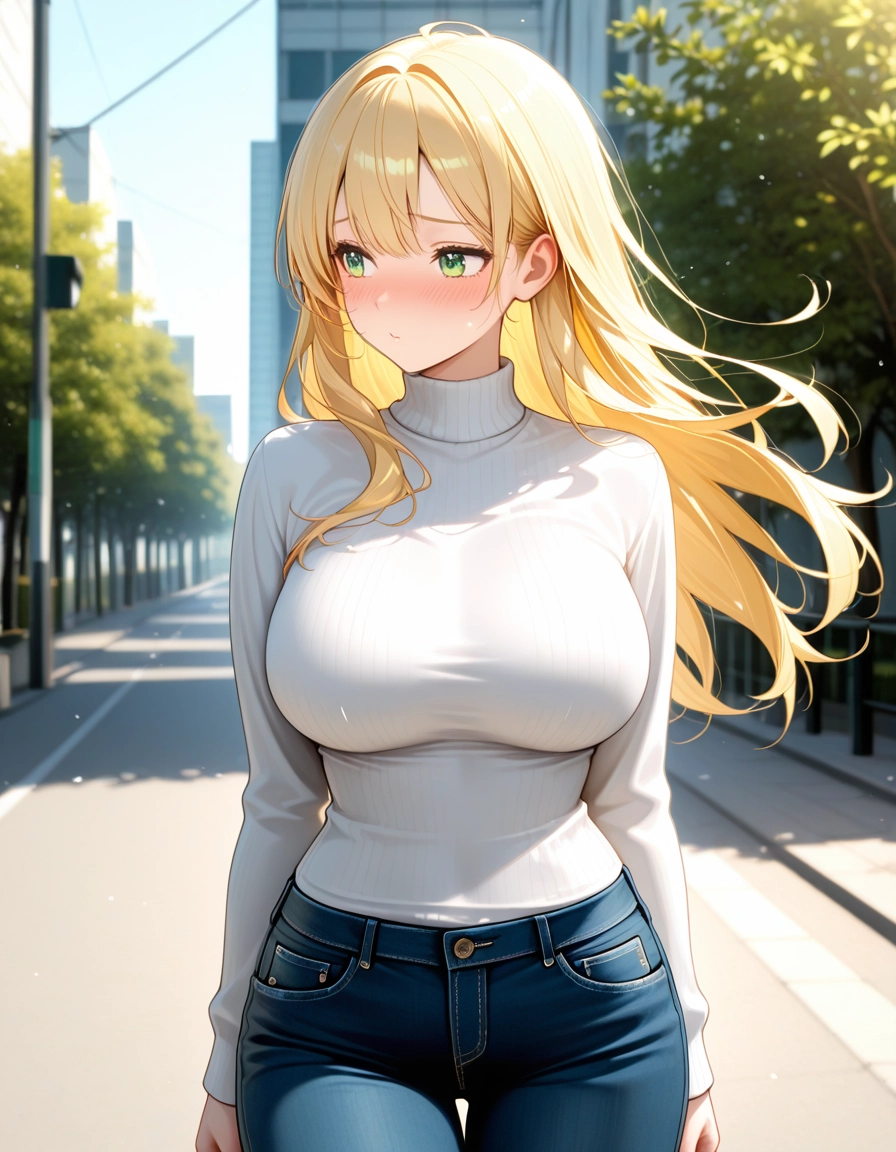 1girl, breasts, blonde hair, denim, solo, long hair · Yamete.gg